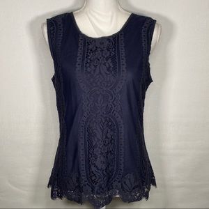 Max Studio Navy Sleeveless Lace Overlay Blouse Top